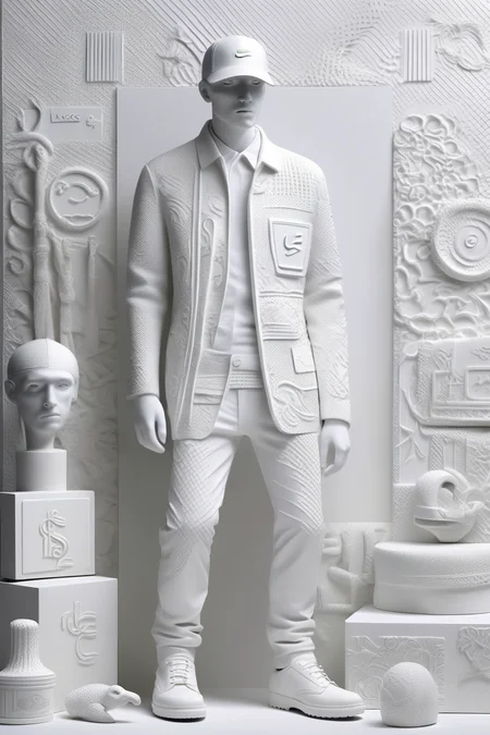 <lora:Daniel Arsham Style:1>Daniel Arsham Style - clothes as contemporary art sculpture white accessories very high embossed patterns monogram lacoste