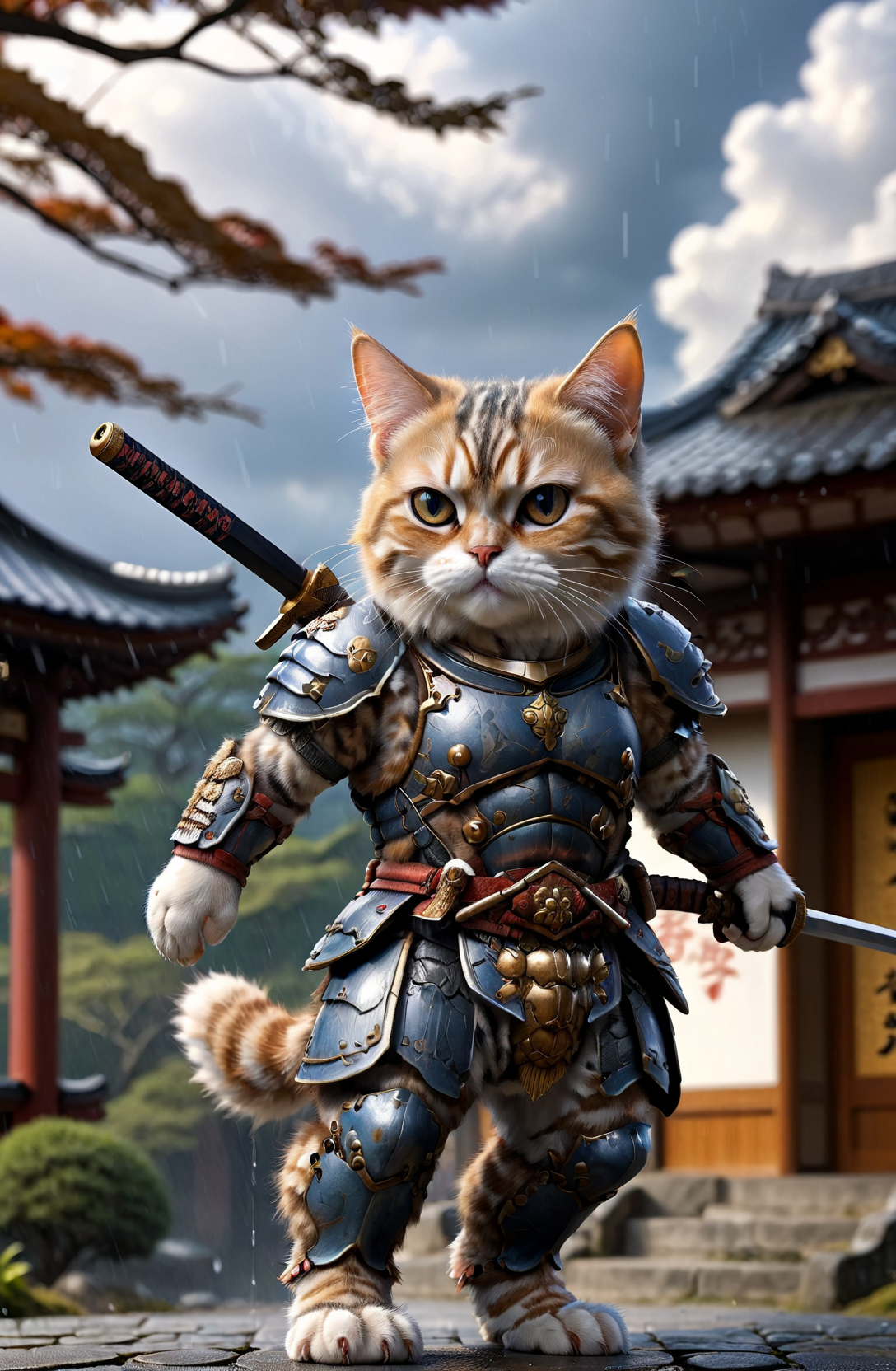 amazing quality, ultra detailed,
a persian cat in front of Japanese temple, solo, cute, kawaii, wearing ral-anmlsktn, samurai, holding samurai sword, cloudy day, rainning,
<lora:add-detail-xl:0.75>,
<lora:ral-anmlsktn-sdxl:1.0>, 
<lora:EnvyBetterHiresFixXL01:0.75>,
<lora:EnvyActionShotXL01:0.8>, action shot,
<lora:extremely_detailed:1.2> extremely detailed,