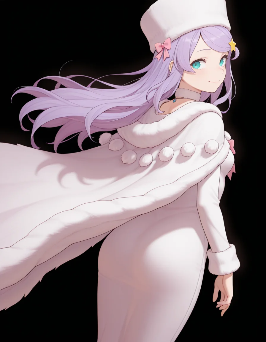 <lora:Anastasia Hoshin Illustrious:1>1girl, solo,
anast4sia, purple hair, swept bangs, aqua eyes, star hair ornament,
white dress, frilled dress, long dress, fur-trimmed capelet, fur-trimmed cape, pom pom (clothes), pink bow, pendant, white choker, white hat,
from behind, looking back, smile,
<lora:Bartolomeobari Style Illustrious:1>, masterpiece, best quality, amazing quality, simple background, black background,