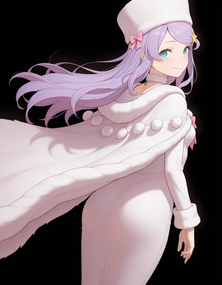 <lora:Anastasia Hoshin Illustrious:1>1girl, solo,
anast4sia, purple hair, swept bangs, aqua eyes, star hair ornament,
white dress, frilled dress, long dress, fur-trimmed capelet, fur-trimmed cape, pom pom (clothes), pink bow, pendant, white choker, white hat,
from behind, looking back, smile,
<lora:Bartolomeobari Style Illustrious:1>, masterpiece, best quality, amazing quality, simple background, black background,