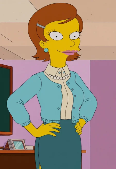 ((bedroom background)),score_9, score_8_up, score_7_up,score_6_up,
1girl, solo, MsCantwell_TS, yellow skin, black eyes, reddish brown hair, voluminous short hair, silver snap hair clip, pink lipstick, light blue pearl earrings, white pearl necklace, light blue cardigan, cream blouse with collar, teal pencil skirt, black flat shoes, big eyes, tall stature, social smile, perfect eyes, perfect smile, looking at the viewer, big breasts, detailed eyes, perfect eyes, cute, standing, (front pose, bust shot, close up to face, face portrait:1) hands on hips