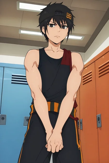 score_9, score_8_up, score_7_up, source_anime, rating_safe, , anime screencap, anime coloring, , , depth of field, 1boy, solo, male focus, <lora:hatz_kami_no_tou_pony:1>, hatz_kami_no_tou, black hair, black eyes, short hair, , , , from below, locker room, indoors, light, yoga, skin fang, chinos, snapback, <lora:sdxl_lightning_8step_lora:1>