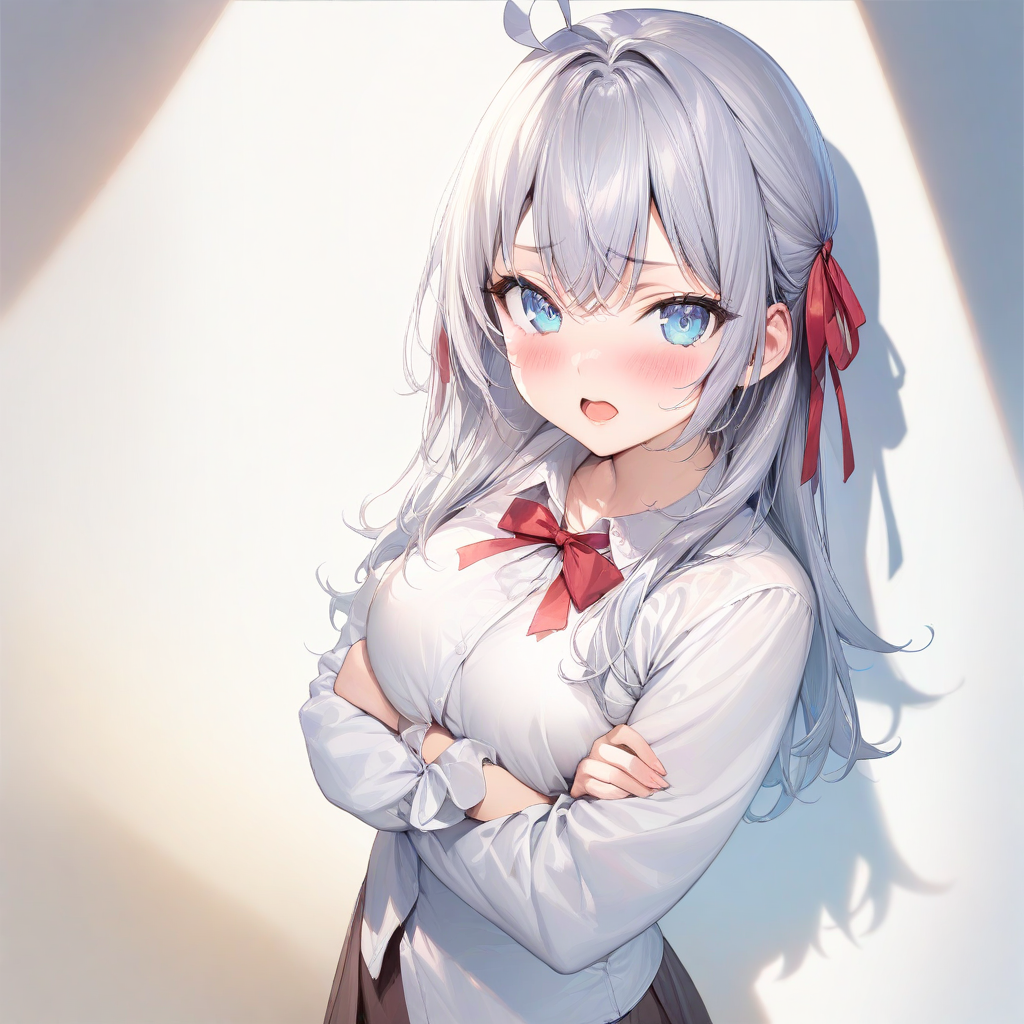 (masterpiece),(best quality),(ultra-detailed),(best illustration),(best shadow),(absurdres),(detailed background),(very aesthetic), alya(roshidere), 1girl, solo, blue eyes, long hair, ribbon, ahoge, crossed arms, white background, hair ribbon, looking at viewer, blush, simple background, bow, shirt, open mouth <lora:XL-Alya(roshidere):1>