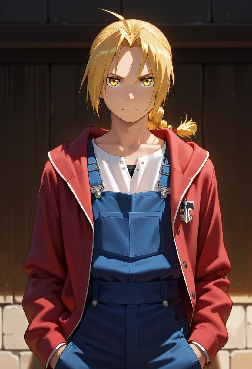 masterpiece, best quality, , (realistic:0.6), looking at viewer, 1boy, solo, male focus, <lora:edward_elric_ilxl:0.96>, edward_elric, blonde hair, yellow eyes, single braid, braided ponytail, , , Overalls, Harrington jacket, , , and