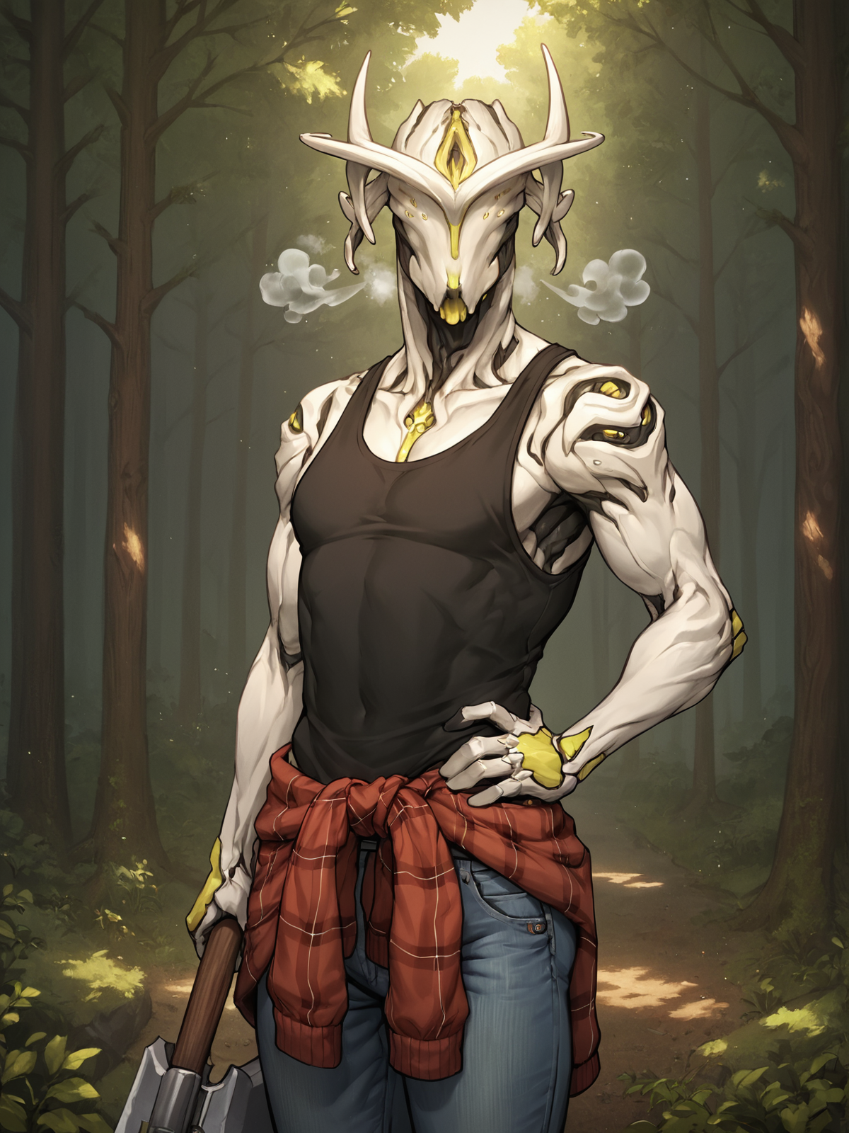score_9, score_8_up, score_7_up, score_6_up, score_5_up, score_4_up, best quality, highres, detailed background, outside, forest, tree BREAK
<lora:OberonWF_PDXL:0.7> oberonwf, white body, yellow highlights, eyeless, mouthless, looking at viewer, lumberjack, black tank top, red plaid shirt, jeans, holding axe, axe, hand on hip, clothing around waist, breath, steam