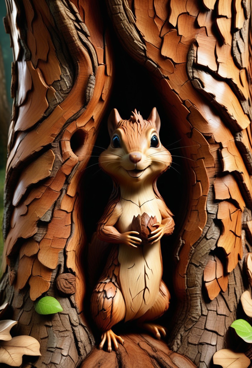 A big tree with a large hole in its trunk, from which a cute little squirrel is emerging, holding an acorn. The setting is whimsical, with a playful and magical atmosphere. The colors are vibrant and the details are sharp, highlighting the textures of the tree bark and the squirrel's fur. The entire scene appears to be slightly distorted or 'borked,' giving it a surreal and quirky feel, as if elements are slightly askew or creatively warped,  <lora:BorkStyle:1>