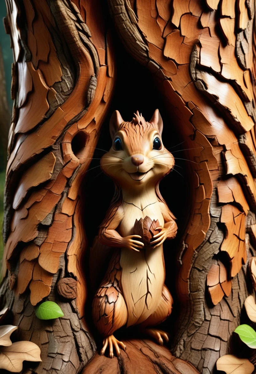 A big tree with a large hole in its trunk, from which a cute little squirrel is emerging, holding an acorn. The setting is whimsical, with a playful and magical atmosphere. The colors are vibrant and the details are sharp, highlighting the textures of the tree bark and the squirrel's fur. The entire scene appears to be slightly distorted or 'borked,' giving it a surreal and quirky feel, as if elements are slightly askew or creatively warped, <lora:BorkStyle:1>