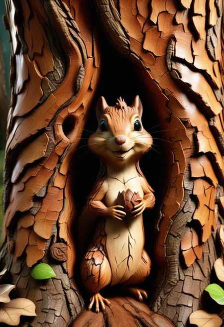 A big tree with a large hole in its trunk, from which a cute little squirrel is emerging, holding an acorn. The setting is whimsical, with a playful and magical atmosphere. The colors are vibrant and the details are sharp, highlighting the textures of the tree bark and the squirrel's fur. The entire scene appears to be slightly distorted or 'borked,' giving it a surreal and quirky feel, as if elements are slightly askew or creatively warped, <lora:BorkStyle:1>