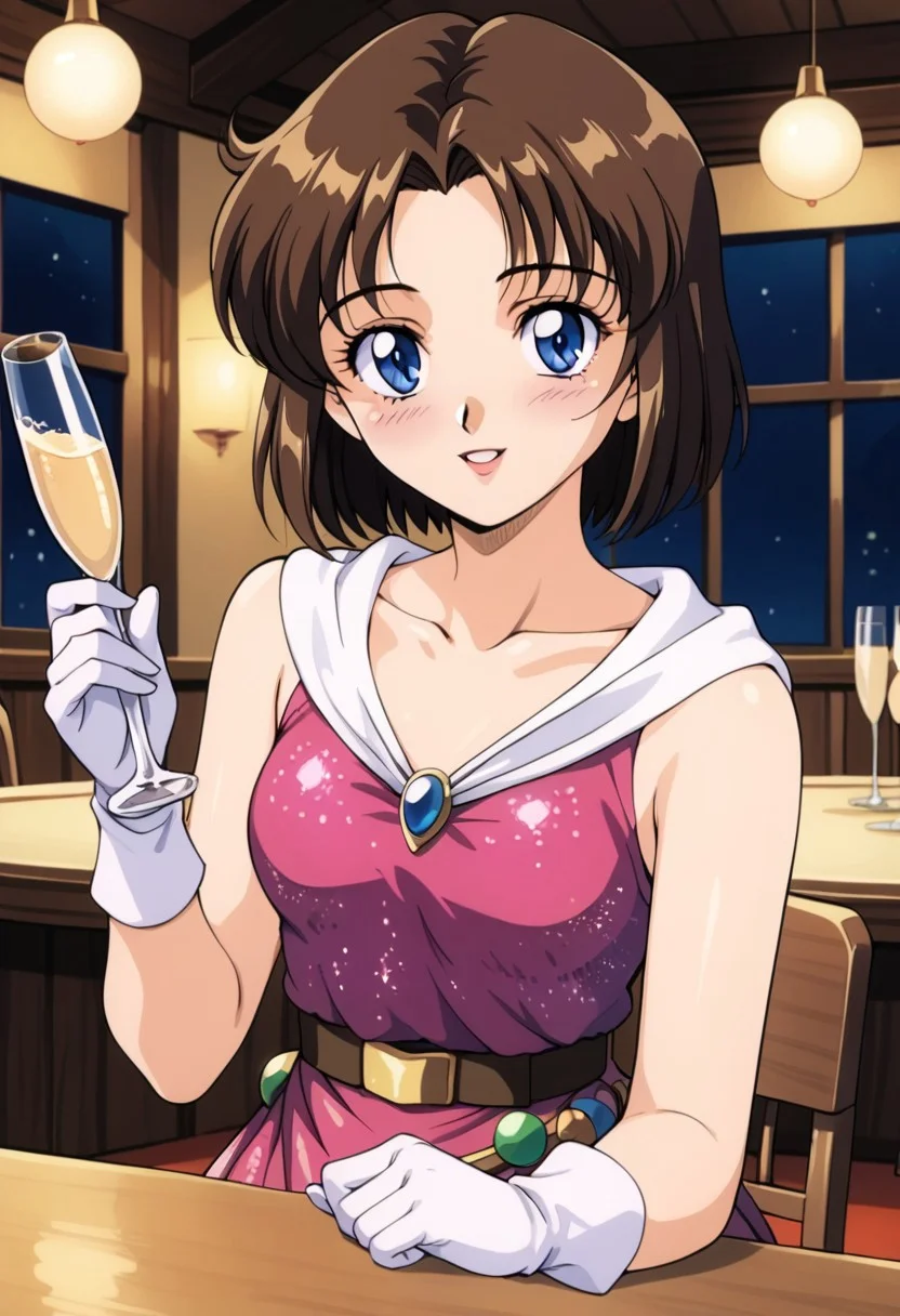 lilith (megami paradise), brown hair, short hair, blue eyes,
glitter dress, champagne, drunkenly, blush, parted lips,  belt, indoors, holding glass, tables, chairs, 
1990s (style), retro artstyle, collarbone, detached glove, white glove, 
open mouth, blush,light smile
looking at viewer,upper body,, score_9, score_8_up, score_7_up, best quapoty, highres, absurdres, source_anime, zPDXL3, 1girl,solo