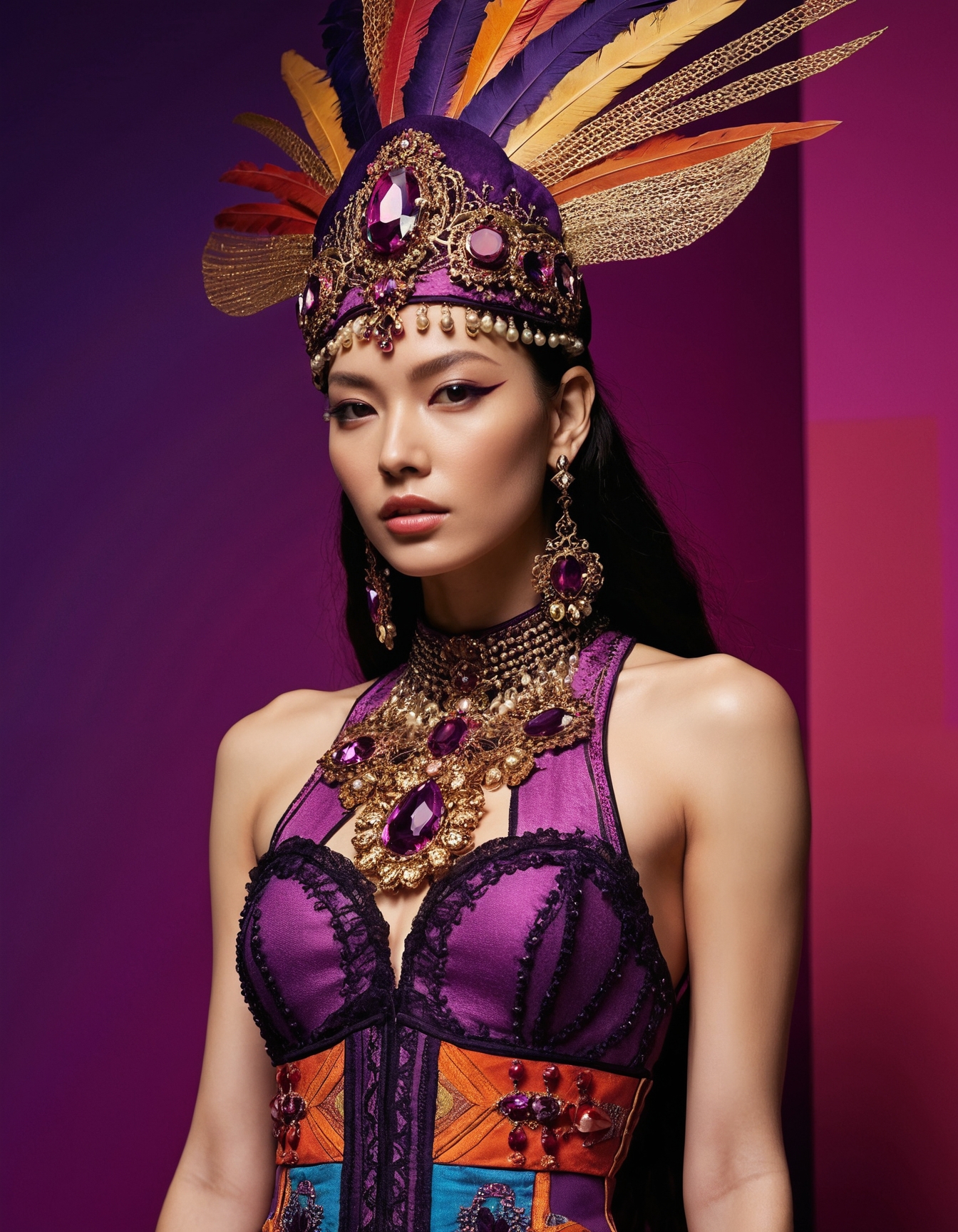 ethereal fantasy concept art of  Imagine a Provocative Counterculture style, a bold fusion of disruptive expression with psychedelic colors and unpredictable patterns. Fabrics are organic, adorned with fringed details that evoke a sense of disregard. The silhouette embraces unstructured lines, offering unrestricted movement and an air of unapologeticness. Accessories are artisanal, creating a tactile statement of independence. The color palette is a clash of deep purples, woven into disorienting designs, creating an aura of intense freedom. The flourished patterns and daring colors are balanced by a monochromatic background, creating a sense of dynamic movement and contrast. The delicate fabrics and unstructured silhouettes evoke a sense of nonconformity, while the artisanal accessories and disorienting colors create a sense of provocation. This style is reminiscent of a Gothic Revival aesthetic, with its delicate details and grandiose silhouettes, yet it's also infused with a Victorian Futurism sense of mechanical whimsy. The overall vibe is Minimalist, with a focus on clean lines and a contrast between form and function, yet it's also Rococo in its luxurious excess and theatrical flair., inspired by the intricate works of alluring artistry. A masterpiece by ((Franz Richard Unterberger)) . magnificent, celestial, ethereal, painterly, epic, majestic, magical, fantasy art, cover art, dreamy