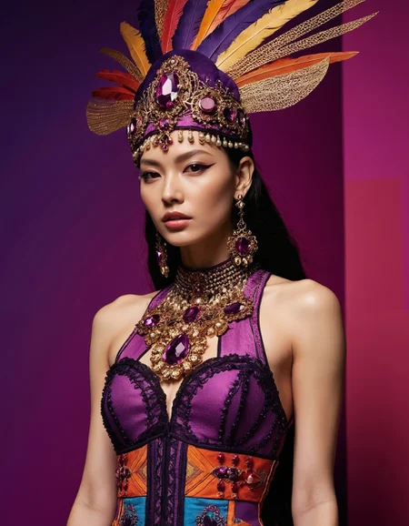 ethereal fantasy concept art of  Imagine a Provocative Counterculture style, a bold fusion of disruptive expression with psychedelic colors and unpredictable patterns. Fabrics are organic, adorned with fringed details that evoke a sense of disregard. The silhouette embraces unstructured lines, offering unrestricted movement and an air of unapologeticness. Accessories are artisanal, creating a tactile statement of independence. The color palette is a clash of deep purples, woven into disorienting designs, creating an aura of intense freedom. The flourished patterns and daring colors are balanced by a monochromatic background, creating a sense of dynamic movement and contrast. The delicate fabrics and unstructured silhouettes evoke a sense of nonconformity, while the artisanal accessories and disorienting colors create a sense of provocation. This style is reminiscent of a Gothic Revival aesthetic, with its delicate details and grandiose silhouettes, yet it's also infused with a Victorian Futurism sense of mechanical whimsy. The overall vibe is Minimalist, with a focus on clean lines and a contrast between form and function, yet it's also Rococo in its luxurious excess and theatrical flair., inspired by the intricate works of alluring artistry. A masterpiece by ((Franz Richard Unterberger)) . magnificent, celestial, ethereal, painterly, epic, majestic, magical, fantasy art, cover art, dreamy