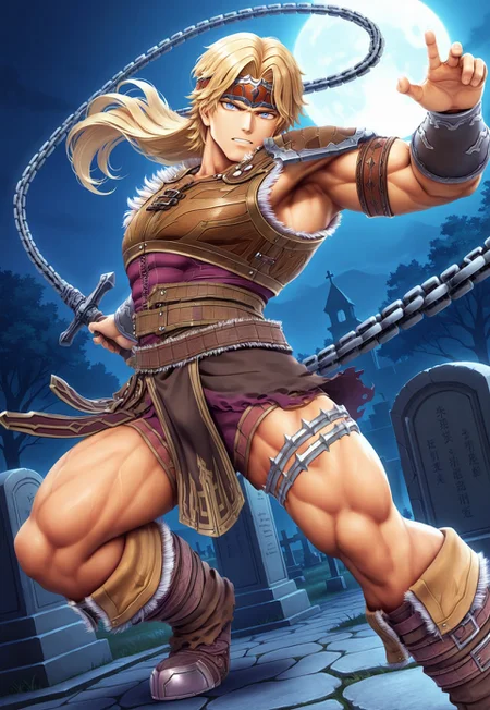 safe_pos, masterpiece, best quality, amazing quality, very aesthetic, absurdres, newest, ssbusimonilxl, 1boy, long hair, blonde hair, headband, muscular, blue eyes, single pauldron, brown breastplate, single armband, single leg band, vambraces, belt, loincloth, fur lined boots, graveyard background, weapon, whip, chain, action pose, looking at viewer