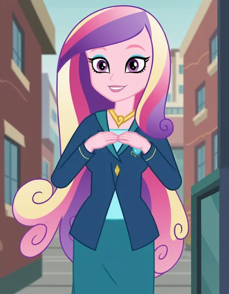 score_9, score_8_up, score_7_up, source_anime, <lora:dean-cadance-movie-ponyxl-lora-nochekaiser:1>, cadance, long hair, very long hair, purple eyes, pink hair, purple hair, multicolored hair, two-tone hair, eyelashes, makeup, eyeshadow, skirt, formal, suit,, alley, narrow, urban, dark, buildings, smile, hands on own chest,, looking at viewer, solo,, dutch angle, cowboy shot