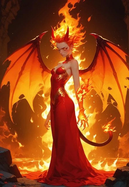 score_9, score_8_up, score_7_up, score_6_up, score_5_up, score_4_up, Expressiveh, g0th1c, zPDXL3, succubus, short, small, petite body, slender, slender legs, small perky breasts, aesthetic face, glowing eyes, amber eyes, round eyes, very small nose, big ears, small lips, small mouth, small head, freckles, human ears, round ears, short red horns, crystal horns, long red tail, thin tail, ashen skin, dedicated face, enthusiastic face, evil smile, beautiful, artistic brackground, background dominant colour is red, white and gold, fire, hot, inside fire, revealing red dress, gold silk dress, dress, burning, surrounded by flames, surrounded by fire, fire hair, burning hair and horns, burning tail, radiating heat, burning eyes, sweat, dangerous, fatal, standing, above knee, short hair, from side, small butts, long red claws, sharp claws, bat wings, large wings, burning wings, wings on fire, wings of fire, molten hands, lava hands, burning hands, majestic, epic, masterpiece