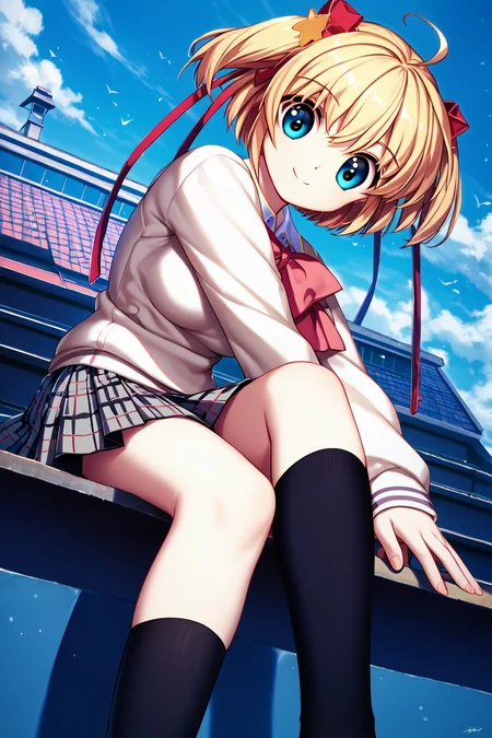 score_9, score_8_up, score_7_up, score_6_up, rating_safe, source_anime, best quality, masterpiece, detailed background, detailed eyes, school rooftop, sitting wariza, w sitting, <lora:kamikita-komari-xl-05:1>, kamikita komari, cream sweater, pleated grey plaid skirt, black socks, ahoge, two side up, smile, medium breasts, light blonde hair