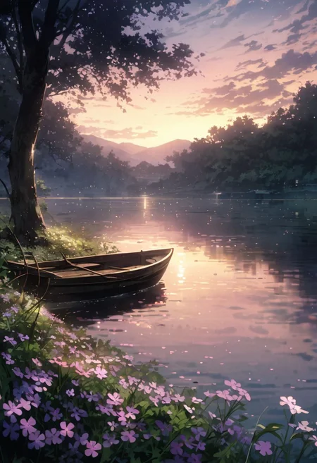 detailed background,( Calm spring night landscape), amongst lush greenery, beautiful view, creeping phlox in full bloom, creeping phlox, early morning, sunrise sky, beautiful clouds, dappled sunlight, outdoor seating, one lamp, Tranquil Lake, Boat on a Lake, depth of field, masterpiece, best quality, ultra-detailed, very aesthetic, illustration, perfect composition, intricate details, absurdres, moody lighting, wisps of light, no humans,