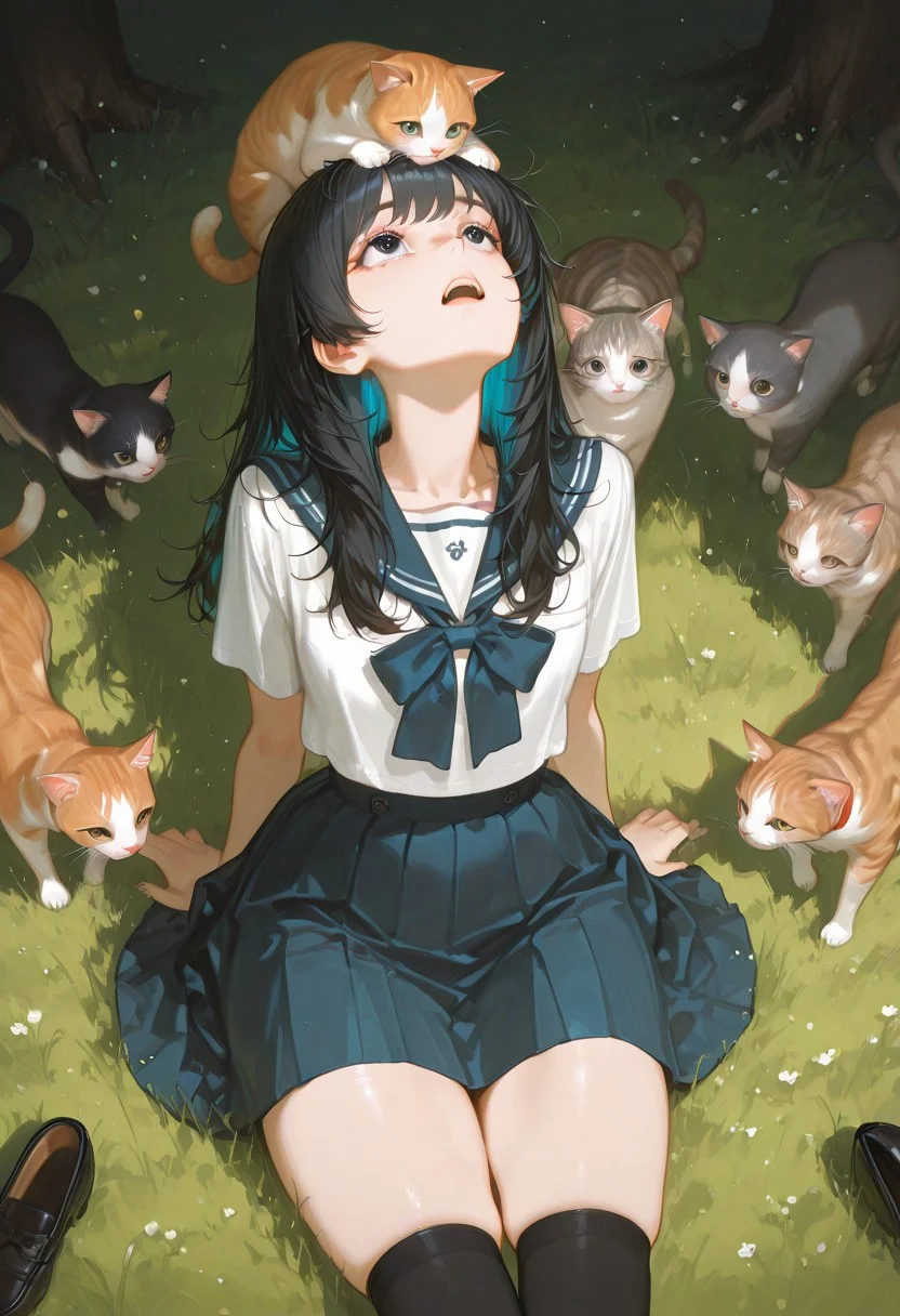 masterpiece, best quality, very aesthetic, absurdres, (anime coloring:1.2), dynamic lighting, ambient light, soft light, usnr, artist:moriimee, line art, 
sitting , upper body shot, 1girl, solo, looking up, large eyes, opened mouth, straight sitting, sitting with closed legs, inner hair color, black hair , gradient hair, long hair, messed hair , black eyes, , ultra detailed eyes, flat chest , japanese school uniform, medium flare skirt, black high socks, loafers, BREAK skindentation, thick thighs, surounded by many cats, surprising with many cats, detailed eyes, outdoors, on grass, cat on her head, front view,
high detail, sharp shading, soft shadows