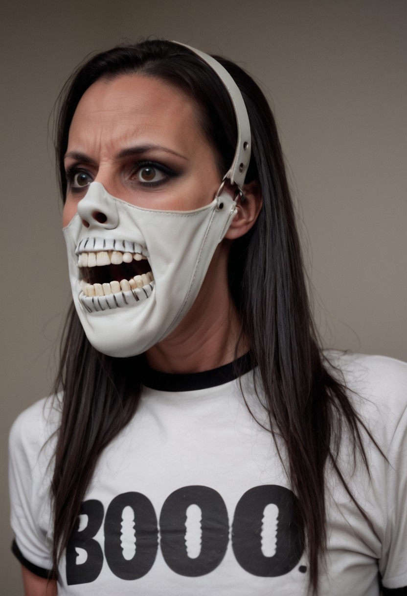 wearing gag, gagged, g4g, heavy white leather muzzle gag with a mouth in black like a skeleton, 40 year old woman, (long brunette hair), ponytail, wearing a skeleton T shirt, speech bubble: "Boo!"