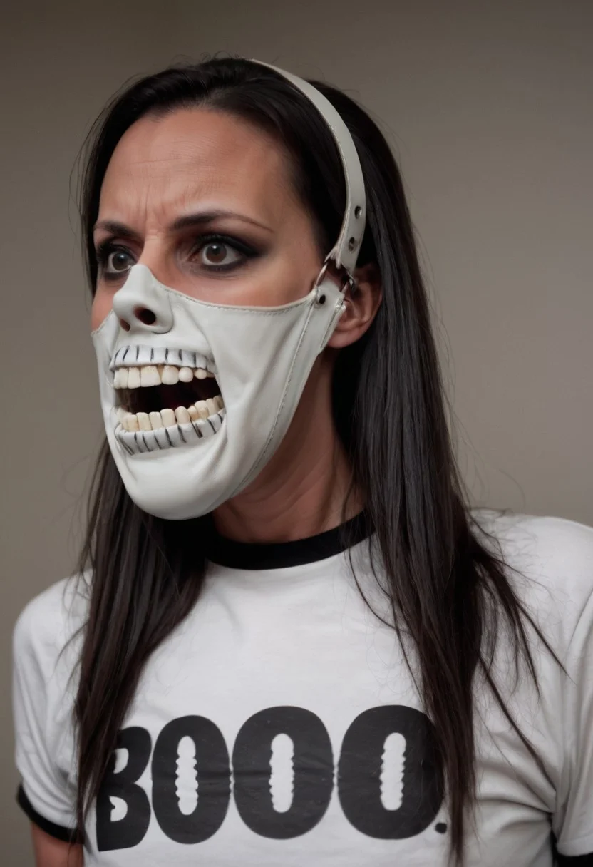 wearing gag, gagged, g4g, heavy white leather muzzle gag with a mouth in black like a skeleton, 40 year old woman, (long brunette hair), ponytail, wearing a skeleton T shirt, speech bubble: "Boo!"