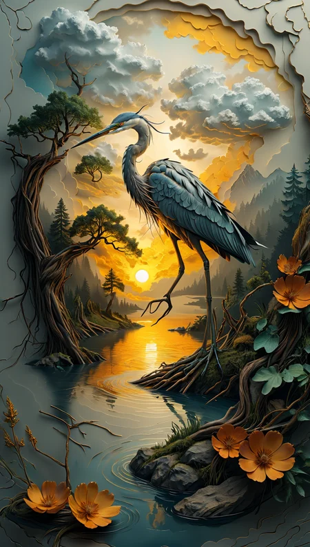 ral-tr33brnch, Arttrttrt, extreme Long Shot, masterpiece, intricate detail, best quality, absurd resolution, 
This fantastical oil painting depicts a single heron at a tranquil lake at sunset with clouds casting shadows across the sky. The setting sun bathes the scene in a warm golden light creating an ethereal atmosphere. The herons feathers are painted with incredible detail each individual scale visible under the artist's skilled hand. The clouds in the background are depicted in a gradient of colors from soft yellow and oranges to deep blues and gold adding to the dreamlike quality of the scene. The overall style is reminiscent of fantasy art with a focus on intricate details and a sense of wonder. The image is a true masterpiece showcasing the artist's exceptional skill in capturing the beauty and majesty of nature in a surreal and imaginative way. dramatic light and colors, 
embossing, 2d, papercraft, sculpture, <lora:artfullyTREETTREET_SDXL_V1:1>    <lora:ral-tr33brnch-sdxl:0.5>