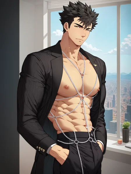 score_9,score_8_up,score_7_up,1 boy,solo,yaoi,bara,male focus,nsfw,uncersored,highres,best quality,amazing quality,best aesthetic,absurdres,<lora:add-detail-xl:1>,<lora:Expressive_H:1>,Expressiveh,looking at viewer,<lora:Chest_chain-000005:0.8>,chest chain,office,hands in pockets,black suit,open clothes,cowboy shot,standing,cityscape,<lora:rald:0.7>,rald,spiked hair,muscular,