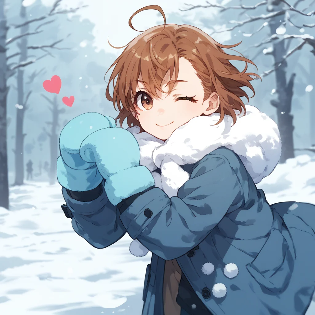 anime coloring, score_9, score_8_up, score_7_up, score_6_up, misaka20001 last-order, toaru, 1girl, solo, ahoge, brown hair, one eye closed, brown eyes, mittens, winter clothes, coat, short hair, heart ahoge, snow
