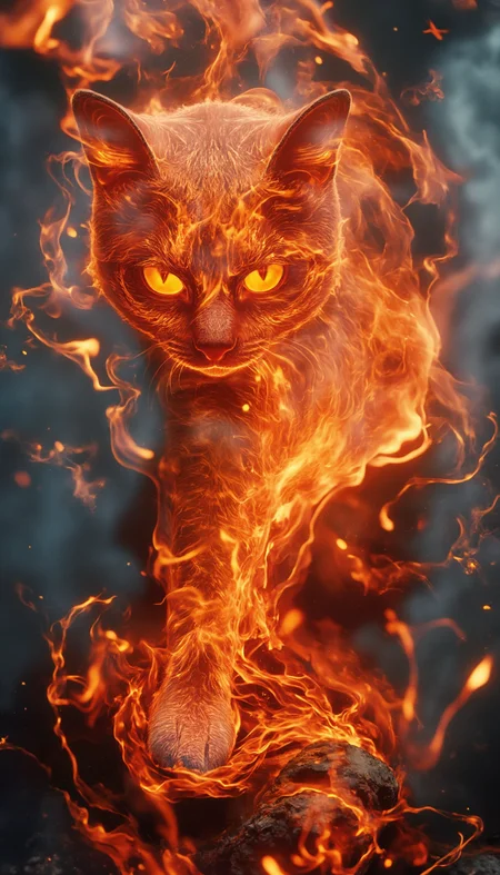 bailing_fire,(Masterpiece, high quality, best quality, official art, beauty and aesthetics:1.2),(fire element:1.1),composed of fire elements,burning,(cat:1.2),fire,molten rock,flame skin,flame print,fiery hair,smoke,cloud,