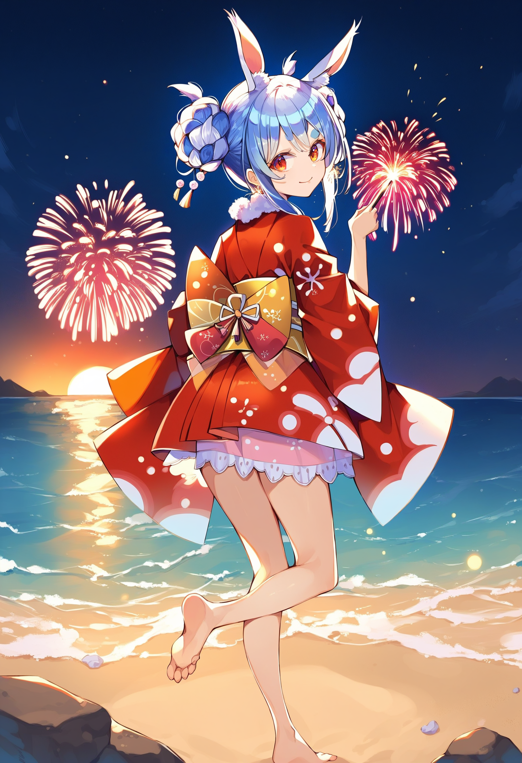 score_9, score_8_up, score_7_up, score_6_up, source anime,
usada pekora, rabbit girl, rabbit ears, animal ear fluff, rabbit tail, twin braids, thick eyebrows,
usada pekora newyear, official alternate costume, japanese clothes, red kimono, short kimono, sash, tasuki, obi, sidelocks,
official alternate hairstyle, double bun, twin braids, night sky, sunset,
footprints, barefoot, holding, looking back, looking at viewer, beach, fireworks, soles, toes, from behind, sparkler, outdoors, feet, full body, bare legs, sand, ocean, smile, closed mouth, back bow, standing on one leg
<lora:usada_pekora_v1:1>