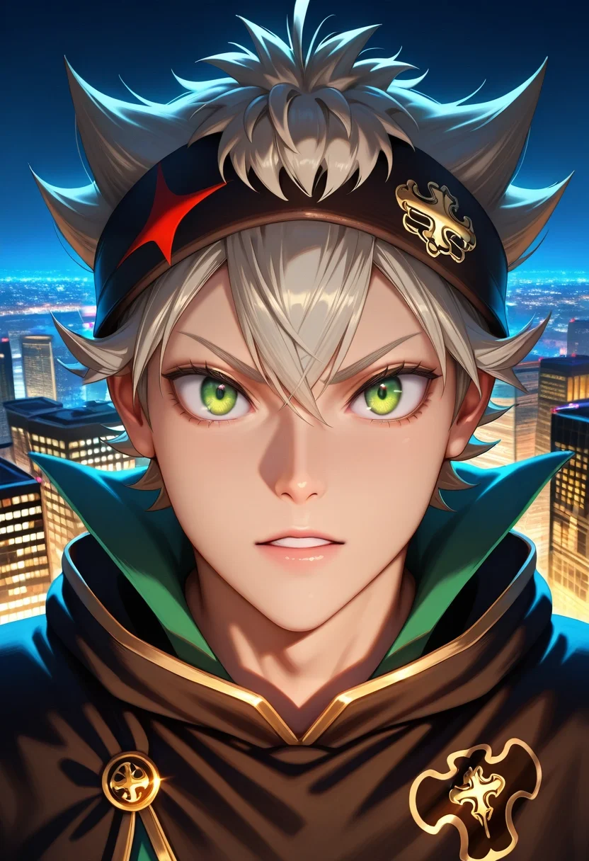 masterpiece, best quality, , (photorealistic:0.6), looking at viewer, 1boy, solo, male focus, <lora:asta_black_clover_ilxl:0.96>, asta_black_clover, grey hair, green eyes, short hair, spiked hair, , straight-on, city, city lights, dark, (dynamic pose), speaking, talking,