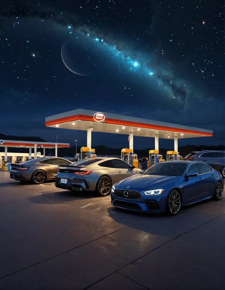 ethereal fantasy concept art of  <lora:Zoom_Cars:1>,Cornelisz Hendriksz Vroom,, a couple of cars parked in a parking lot at a gas station at night time [16], . magnificent, celestial, ethereal, painterly, epic, majestic, magical, fantasy art, cover art, dreamy