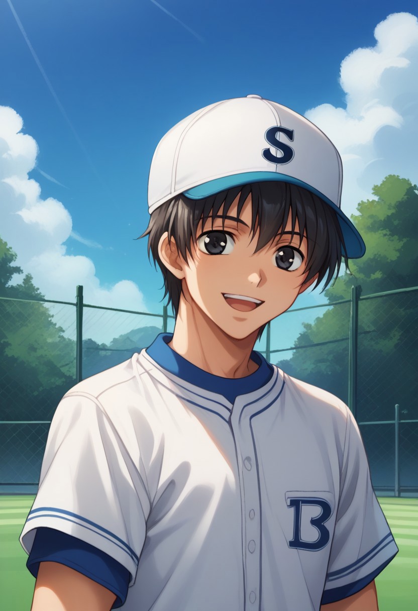 score_9, score_8_up, score_7_up, source_anime, highly detailed,
YuriShibuya, 1boy, male focus, sportswear, solo, black hair, black eyes, baseball uniform,
day, sky, outdoors, smile, cloud, fence, tree, upper body, smile, open mouth, hat baseball cap,