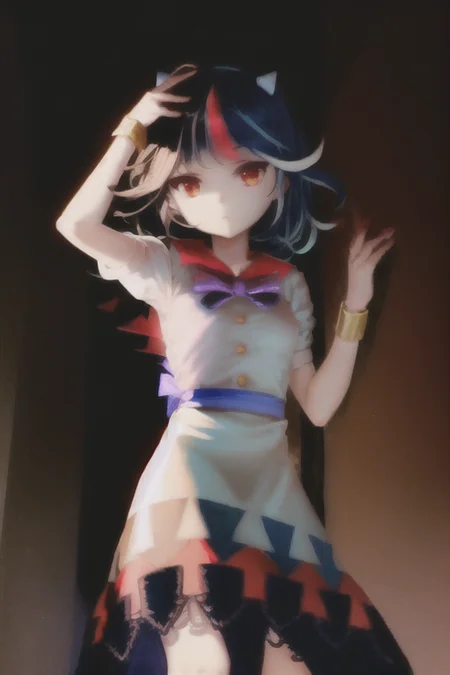 masterpiece, best quality, 1girl, solo, solo focus, (((kijin seija))), horns, red eyes, multicolored hair, black hair, streaked hair, short hair, red hair, white hair, dress, bow, jewelry, bracelet, white dress, blue bow, puffy short sleeves, puffy sleeves, bowtie, blue bowtie, short sleeves, arrow \(symbol\), white shirt, blue sash, purple bowtie, purple bow, buttons, ribbon trim, multicolored clothes, back bow, sash, sailor collar, red sailor collar, <lora:seijaKijin_seijaKijin:1.6>, <lora:death2HorrorLocon_v10:1>, (dark), horror \(theme\), monster, 1other,