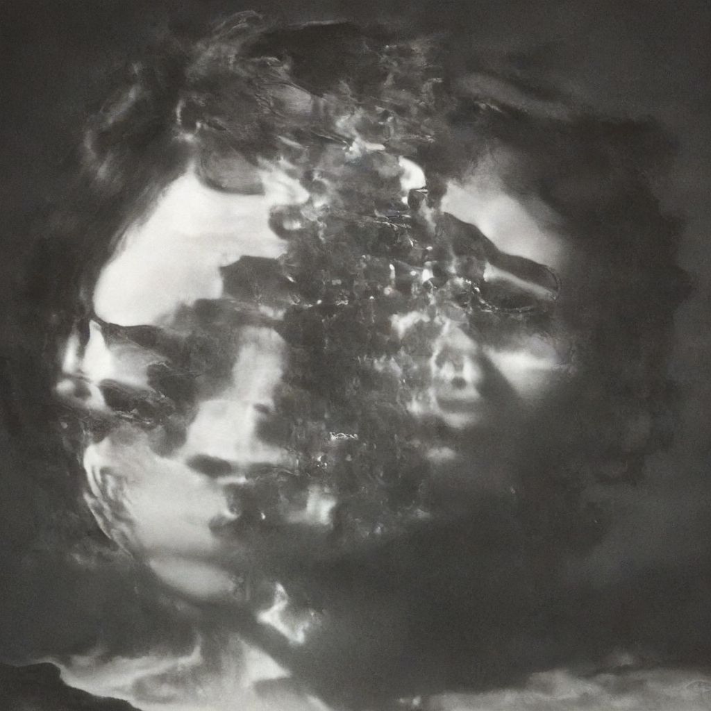 A close-up left facing profile portrait, a beautiful brunette woman made of glass, colorful light from hoph fibration bundles dramatically distorting her features