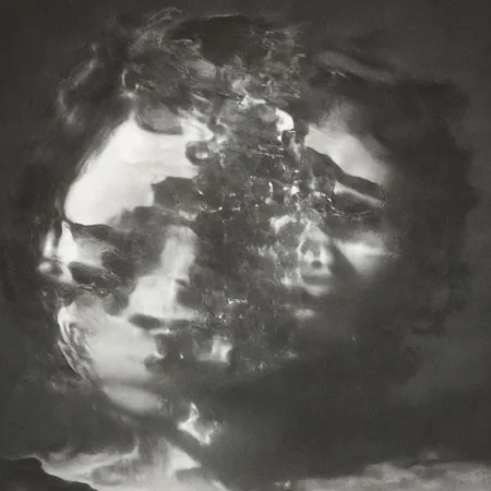 A close-up left facing profile portrait, a beautiful brunette woman made of glass, colorful light from hoph fibration bundles dramatically distorting her features