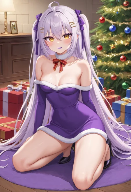 (masterpiece, best quality:1.2), christmas theme, christmas light, wood floor, brickwall, Christmas gifts, highres, detailed eyes, detailedface, perfect hands, perfect face, perfect eyes, beautiful eyes, petite body, long hair, small breasts, wide hips, thighs, henya the genius, yellow eyes, very long hair, white hair, purple hair,ahoge, hair between eyes, bangs, two side up, hair ornament, hair ribbon, hairclip, ribbon, resolution, Masterpiece, uncensored, rating_explicit, indoors, dynamic illumination, looking at you, straight-on, full-body, purple lipstick, purple nail polish, purple eyeshadow, eyeliner, makeup, purple dress, platform heels, christmas dress, kneeling, ribbon,