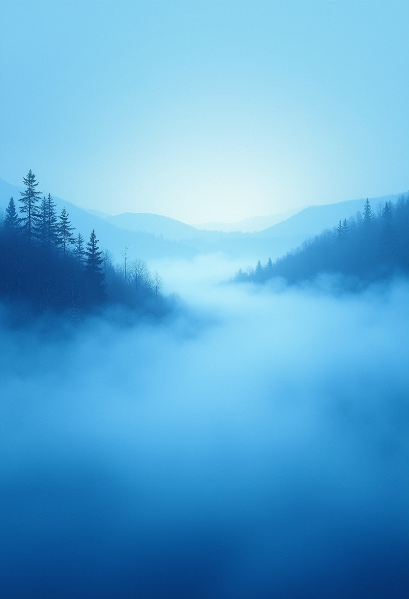 Craft a captivating image that embodies the essence of November's atmosphere, featuring a delicate yet vibrant thin blue veil of mist hovering just above the Earth. Envision this ethereal layer merging harmoniously with the cerulean sky, creating an enchanting scene filled with subtle movement and tranquil mystery. Let the composition be bathed in soft diffused light that dances across the landscape below, casting a dreamlike glow upon every element within the frame. The style of this work should lean towards an Impressionist approach, with gentle brushstrokes capturing the nuances of light, color, and texture, immersing viewers in the dreamy allure of this mesmerizing scene. ,  ,