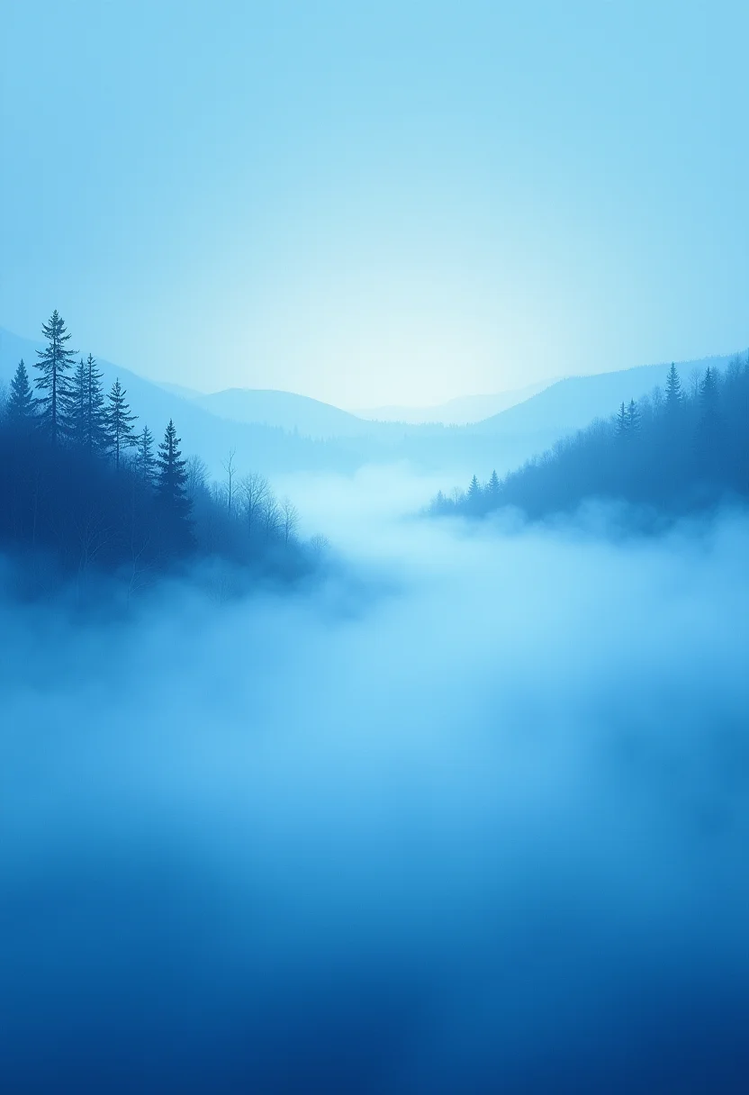 Craft a captivating image that embodies the essence of November's atmosphere, featuring a delicate yet vibrant thin blue veil of mist hovering just above the Earth. Envision this ethereal layer merging harmoniously with the cerulean sky, creating an enchanting scene filled with subtle movement and tranquil mystery. Let the composition be bathed in soft diffused light that dances across the landscape below, casting a dreamlike glow upon every element within the frame. The style of this work should lean towards an Impressionist approach, with gentle brushstrokes capturing the nuances of light, color, and texture, immersing viewers in the dreamy allure of this mesmerizing scene. , ,