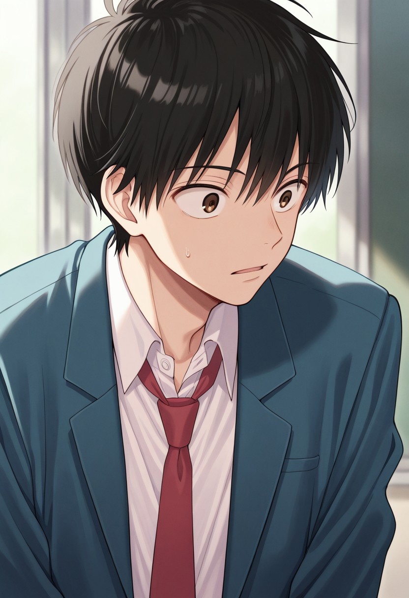 masterpiece,best quality,amazing quality, source_anime, 
kazahaya, 1boy, male focus, solo, brown eyes, black hair, school uniform, shirt, white shirt, collared shirt, necktie, red necktie, jacket, blazer, blue jacket, open jacket,