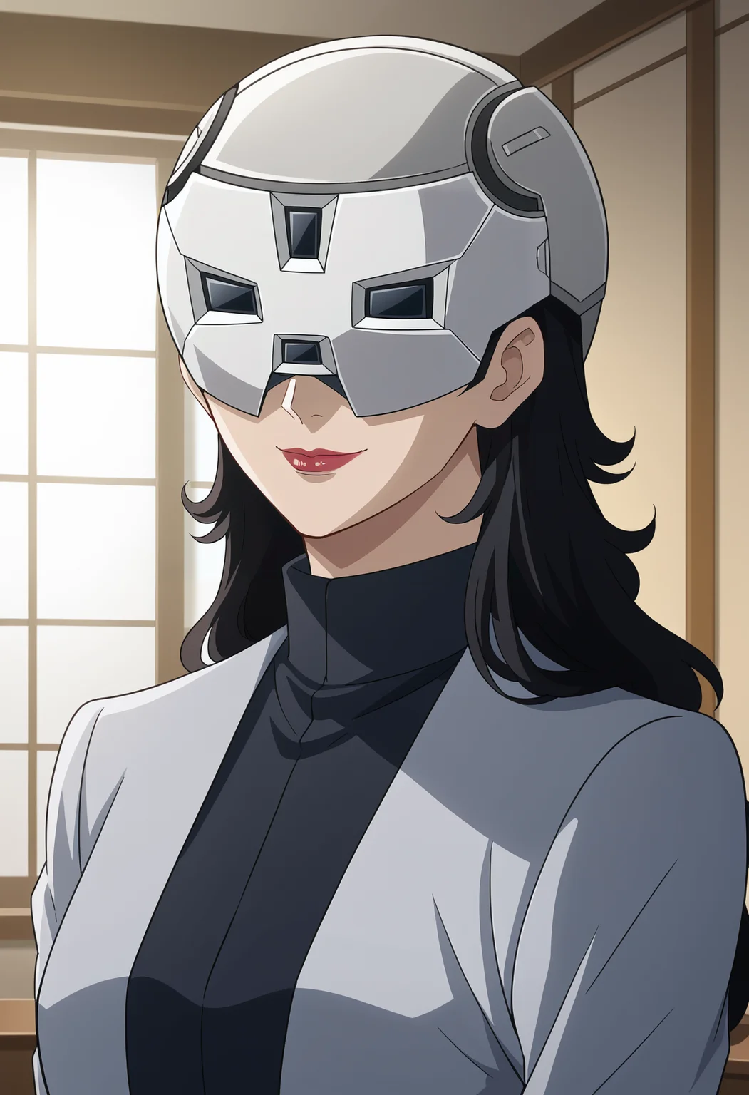 <lora:Prospera_Mercury-Suisei_no_Majo:0.85>,prospera,1girl,solo,black hair,long hair,mask,helmet,lipstick,helmet over eyes,
formal,upper body, looking at viewer, smile,indoors