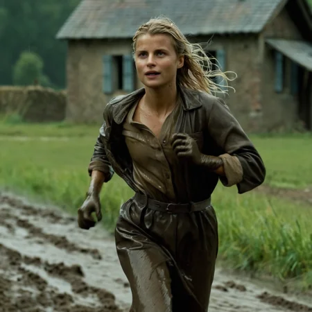 cinematic film still of <lora:detailed:0.2>
<lora:perfection style:0.2>
<lora:Ron Fricke style:0.1>
<lora:Inglourious Basterds film style:0.9>
Mélanie Laurent Shosanna a wet hair french woman in dirty cloth with her face and body covered in mud running in a field with a house in the background,1girl,solo,smile,brown hair,gloves,1boy,male focus,outdoors,fingerless gloves,blurry,grass,running,realistic , 1940's, Inglourious Basterds film style, shallow depth of field, vignette, highly detailed, high budget, bokeh, cinemascope, moody, epic, gorgeous, film grain, grainy