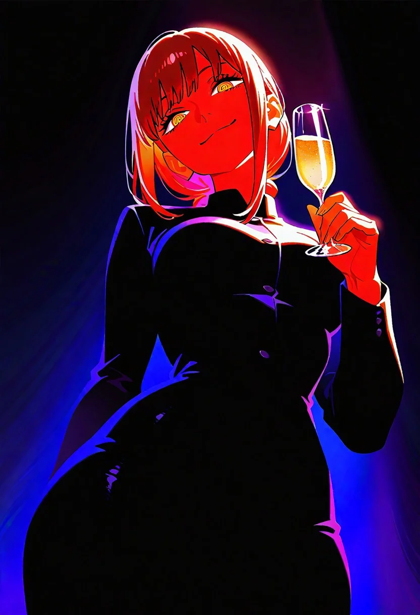 masterpiece, best quality, very aesthetic, 
1girl, solo, corneo_makima, makima \(chainsaw man\), medium breasts, formal,  wide hips, curvy, narrow waist, 
dynamic angle, dynamic pose, facing viewer, smile, smug, (head tilt:1.2), holding champagne, champagne flute, upper body, from below, light, sidelighting, colorful background, dark background, dim