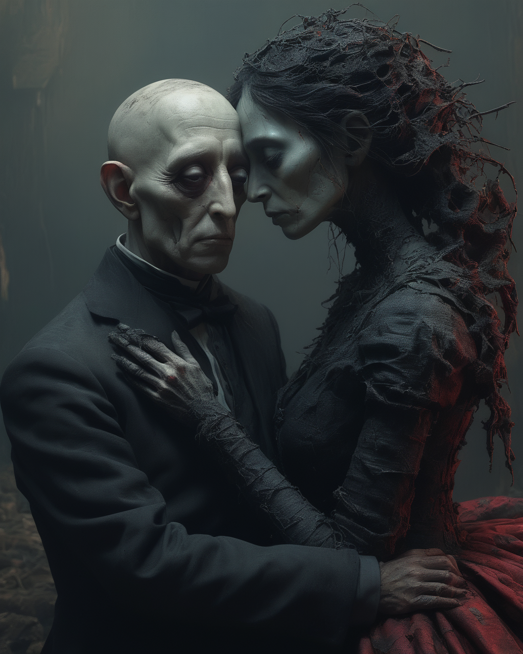 heartbroken liches, married liches getting a divorce, heartache, sad, melancholy, Tim Burton, Nicola Samori, Beksinski,  dystopian surrealism, vivid color, <lora:add-detail-xl:0.85> <lora:xl_more_art-full_v1:0.6>  <lora:XSfenlie:1> fenliexl