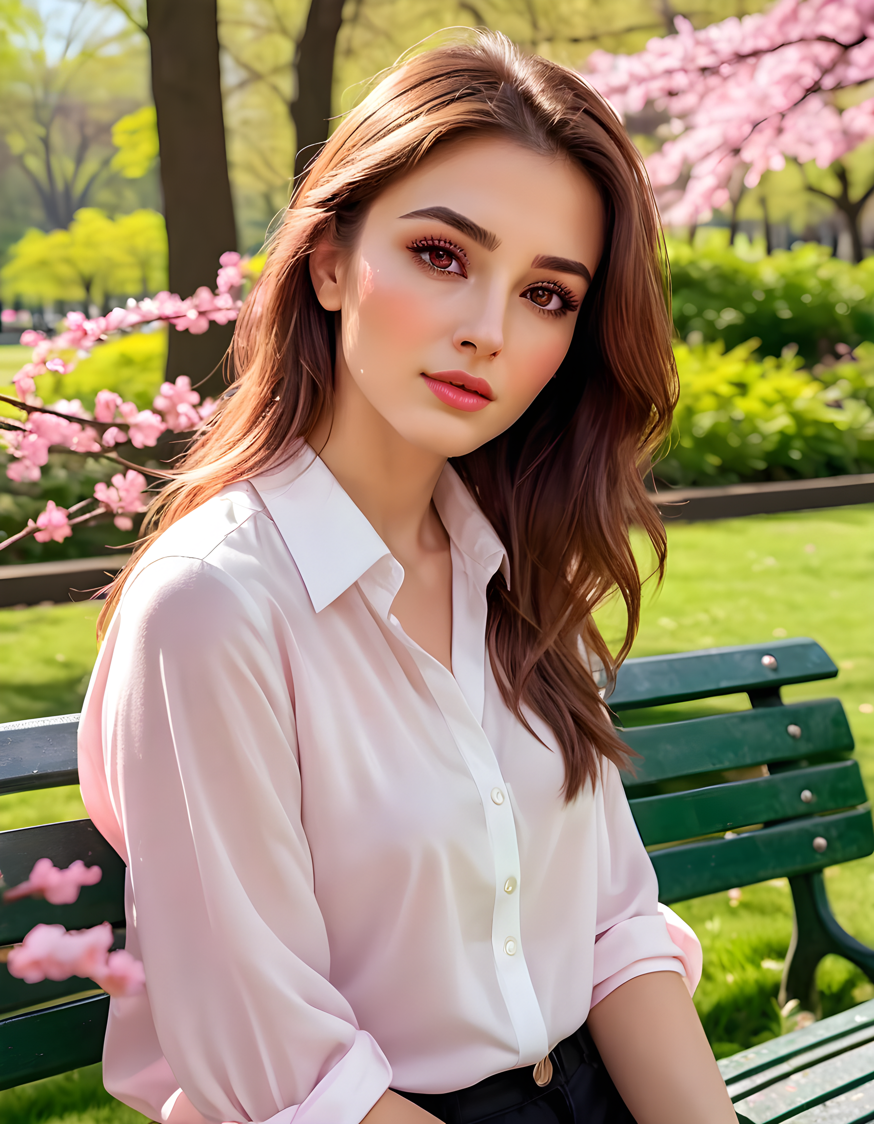 N4NCYJMM, In a vibrant, early-morning sunlit park, the subject - a stunning woman with brown hair cascading down to her shoulders, framing her striking black eyes, wears a sleek, white shirt. Her lips are painted a soft, rosy pink. She stands alone, leaning slightly on a park bench, gazing directly at the viewer with an air of quiet confidence and intrigue. The lush greenery and colorful blossoms of the park provide a vivid backdrop to this captivating scene. The camera angle is slightly low, creating a sense of intimacy and invitation for the viewer to join her in this serene moment.