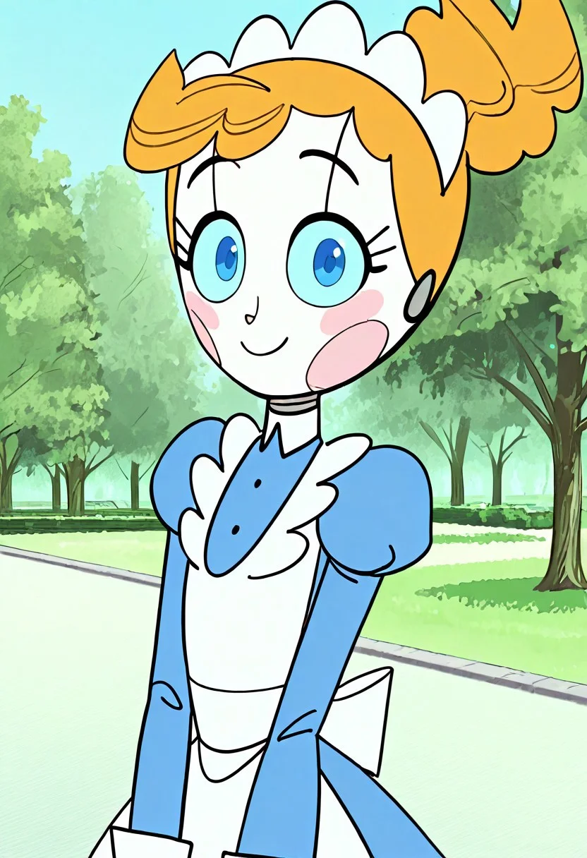 1girl, score_9, score_8_up, score_7_up, Franny, Orange Hair, Twintails, Twin Braids, Blue Eyes, Maid Headdress, Apron, Maid Uniform, Long Sleeves, Juliet Sleeves, Blush Stickers, Android, Joints, Outdoors, Park, looking at viewer, smiling, cute, detailed, masterpiece