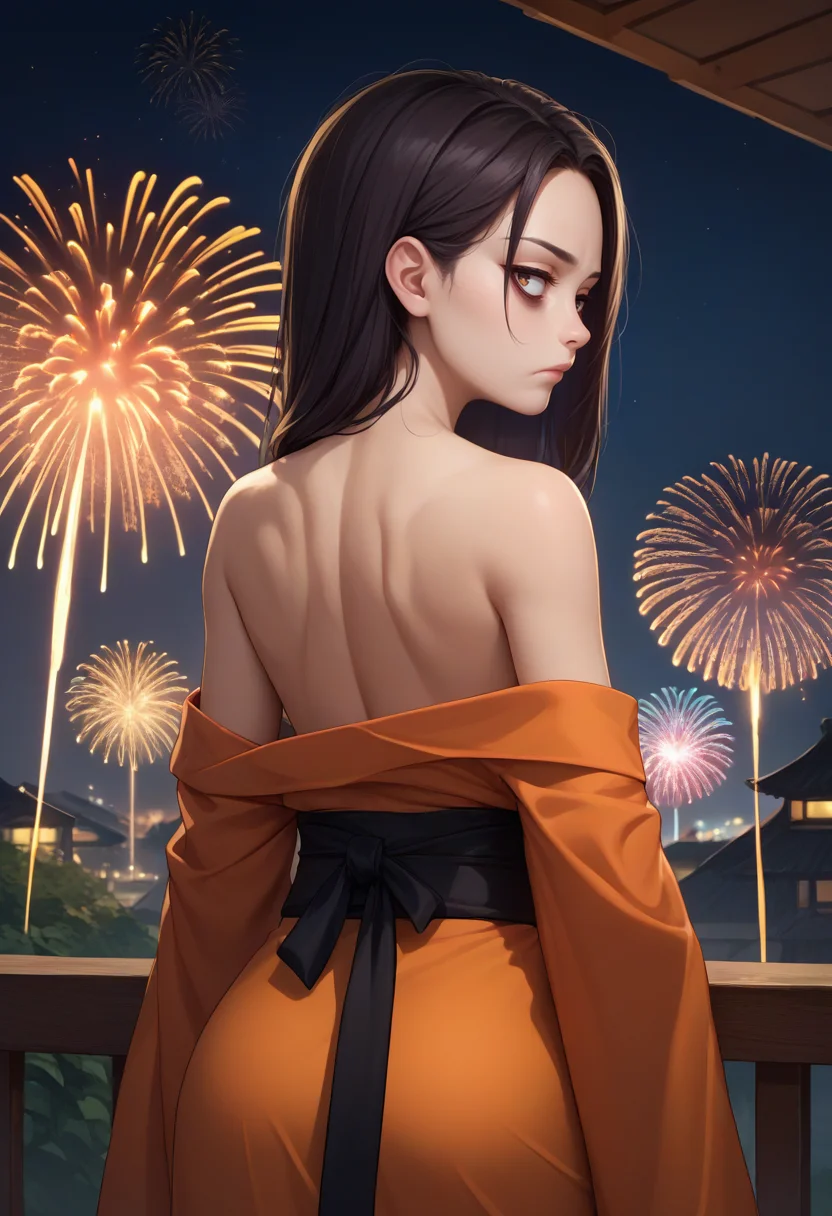 score_9, score_8_up, score_7_up, source_anime, from behind, 1girl, razmi, expressionless, looking back, bags under eyes, orange kimono, off shoulder, black sash, bare shoulders, fireworks <lora:indivisible_razmi_ponyXL:1>