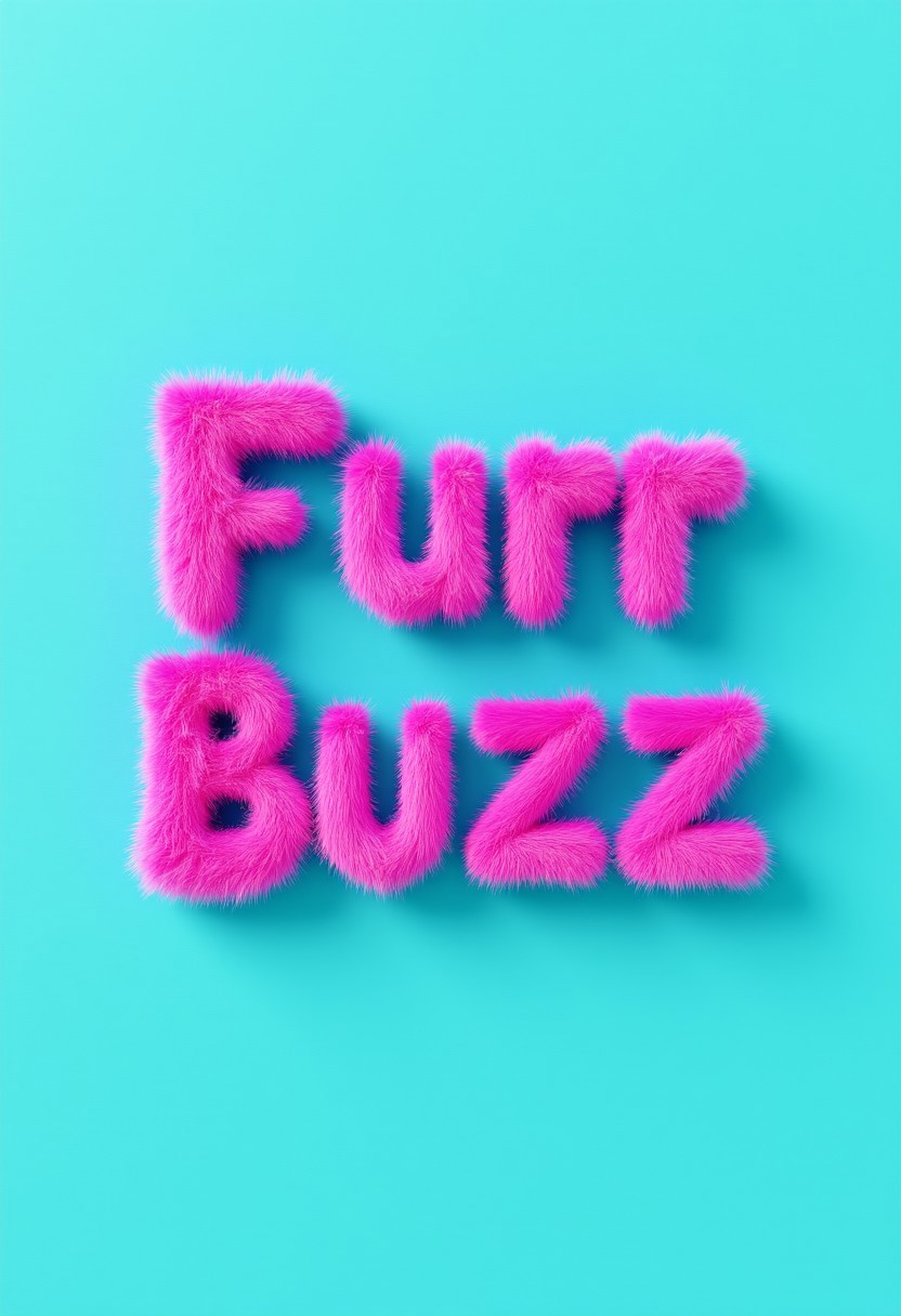 furrytext "Furr Buzz" with pink letters coated in pink furr on turqoise background.