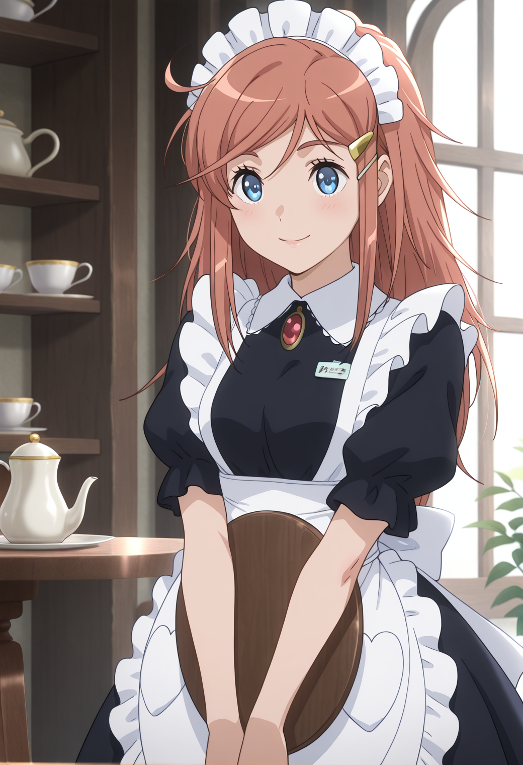 masterpiece, best quality, very aesthetic, absurdres, 1girl, solo, 
<lora:kato_marika_v01:1>, kato_marika, marika_maid, brown hair, long hair, blue eyes, hairclip,
maid headdress, maid, red jewelry, name tag, puffy short sleeves, white apron, smile, teapot, teacup, tray