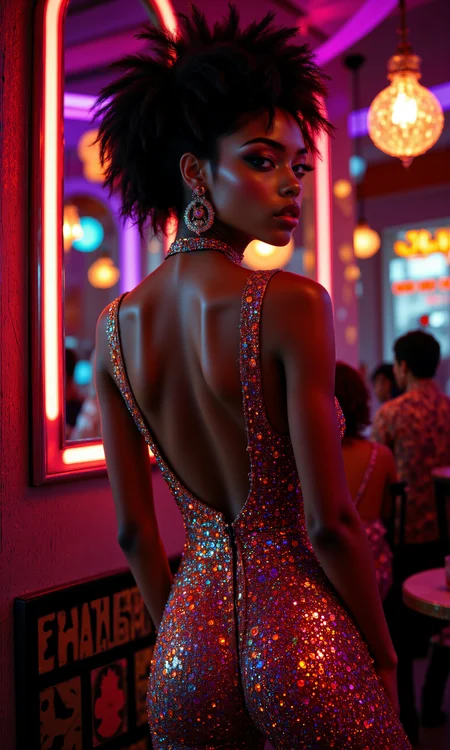 A glamorous 1970s fashion shoot of a stunning African-American model in a shimmering sequined jumpsuit by Azzaro, styled with large hoop earrings and platform heels. The scene is set in a retro nightclub with vibrant colored lights reflecting off the model's outfit. The outfit is form-fitting with a bold V-neckline, showcasing the vibrant and glamorous side of 70s disco fashion. Ultra-high definition, photorealistic, with dramatic lighting and lens flare effects.
<lora:FLUX.1-DEV_-_Wild_1970s_Fashions_LoRA:0.8>, <lora:midjourney_whisper_avant_couture_v01:0.6>,
break
perfectly smooth jawline, no cleft chin, soft and defined chin, symmetrical and elegant facial features, well-balanced proportions, delicate and flawless face, smooth skin texture, sharp yet gentle jawline, natural beauty, high cheekbones, soft jaw curves, sleek, even facial structure, harmonious face symmetry, no dimples or clefts, clean and graceful profile, refined and polished appearance, seamless jawline transition, fine facial detail,
break
modeling pose, candid fashion, from behind, looking back, straight-on, even framing, fullbody shot, wide framing, ruffled clothing, looking at viewer,
break
8k resolution, detailed fabric textures, vibrant colors, cinematic soft lighting, slightly grainy vintage feel with Kodak Porta 600 film grain, fine art composition, subtle bokeh, Rembrandt lighting, detailed focus on accessories, fashion editorial vibe with rich depth. aidmafluxpro1.1, <lora:aidmaFluxPro1.1Stylev0.2:0.7>, midjourney_whisper, <lora:midjourney_whisper_flux_lora_v01:0.5>, velvet_myst, <lora:Midjourney_Whisper_Chromaplex_Velvet_Myst_v01:0.2>,