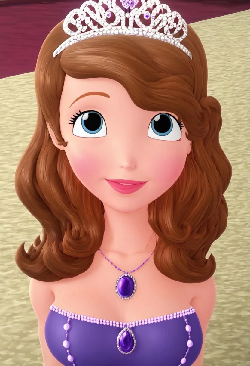 Sofia_The_First, 1girl, brown hair, blue eyes, purple dress, long dress,, tiara, necklace, mature female, large breasts, high heels, background near castle, tall