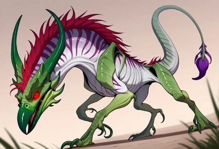masterpiece, best quality, amazing quality, highres, absurdres, Gaula, plant monster, bullhorns, spine, red eyes, scales, claws, beak, gradient hair, white skin, purple stripes, green beak, sharp beak, long tail, claws, leaf mane along back, red eyes, red mane, mane along back, ((flowerbud attached to tip of tail, flowerbud tail, thick flowerbud, flowerbud-tipped tail, detailed flowerbud, flowerbud tail focus)):1.2, 4 legs, quadruped, claws, Dutch angle, high angle, close up, ((tail tip focus, tail tip in foreground)), depth of field,